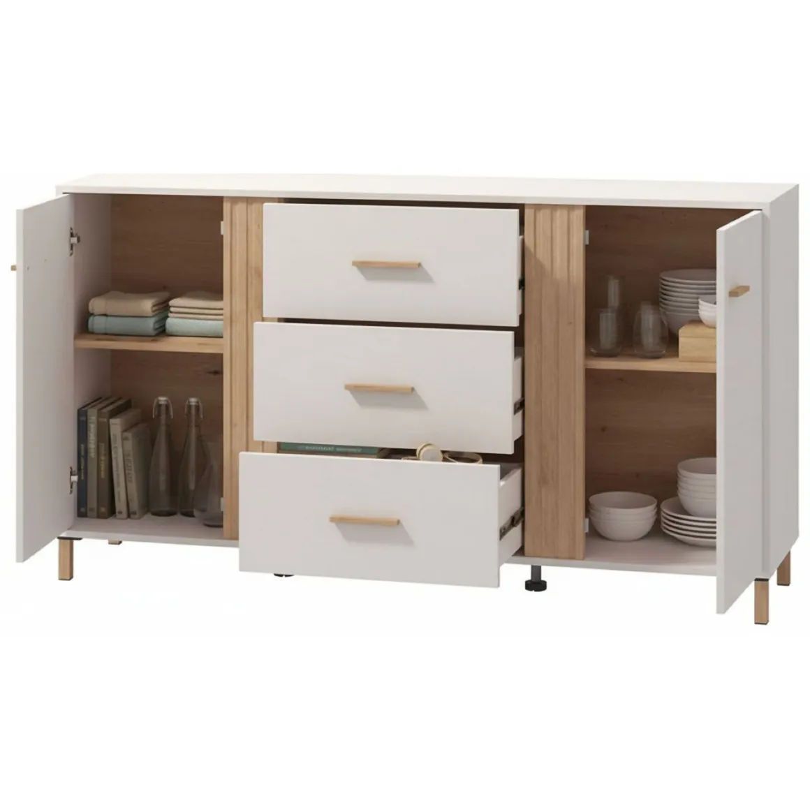 Credenze > Dmora Credenza Bianco Crema Marrone Rovere 3 Ripiani 2 Cassetti 156x40x86h cm, 4 Ante - Quarna Marrone Rovere, Bianco Crema