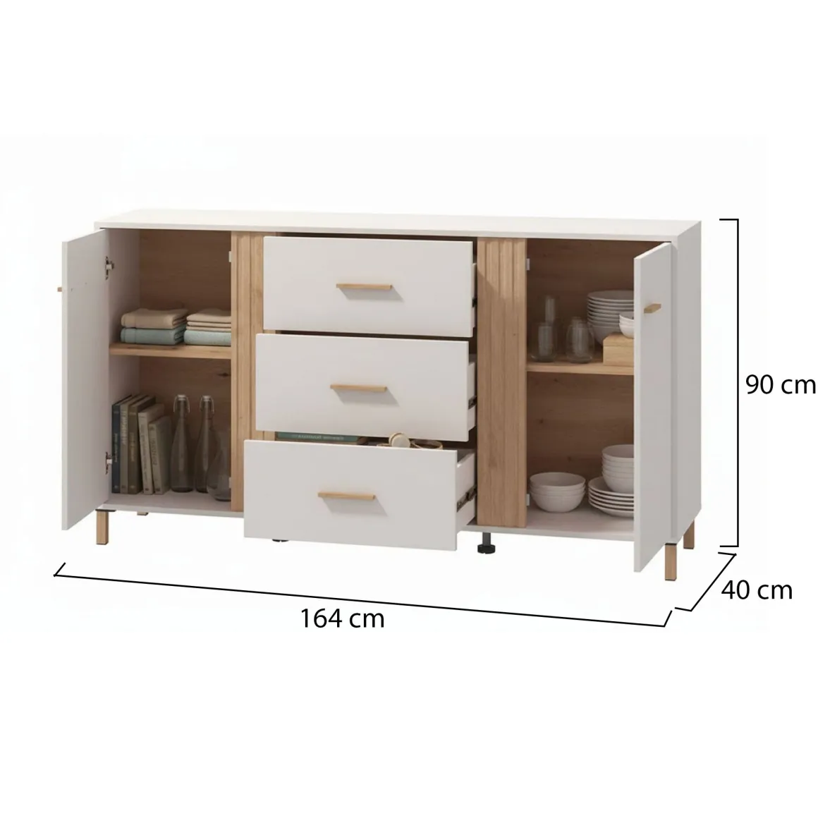 Credenze > Dmora Credenza Bianco Crema Marrone Rovere 3 Ripiani 2 Cassetti 156x40x86h cm, 4 Ante - Quarna Marrone Rovere, Bianco Crema