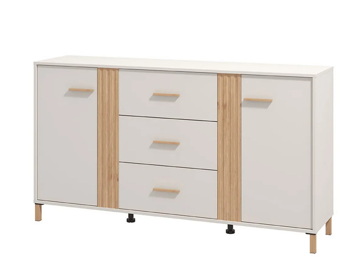 Credenze > Dmora Credenza Bianco Crema Marrone Rovere 3 Ripiani 2 Cassetti 156x40x86h cm, 4 Ante - Quarna Marrone Rovere, Bianco Crema