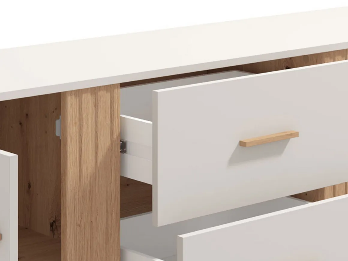 Credenze > Dmora Credenza Bianco Crema Marrone Rovere 3 Ripiani 2 Cassetti 156x40x86h cm, 4 Ante - Quarna Marrone Rovere, Bianco Crema