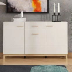 Credenza Bianco Crema Marrone Rovere 3 Ripiani un Cassetto 154x41.5x89h cm, 3 Ante - Pianico