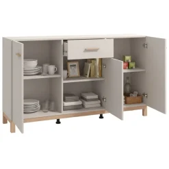 Credenza Bianco Crema Marrone Rovere 3 Ripiani un Cassetto 154x41.5x89h cm, 3 Ante - Pianico