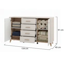 Credenza Bianco Crema Marrone Rovere Nodi 2 Ripiani 4 Cassetti 154x40x90.5h cm, 2 Ante - Illorai