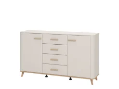 Credenza Bianco Crema Marrone Rovere Nodi 2 Ripiani 4 Cassetti 154x40x90.5h cm, 2 Ante - Illorai