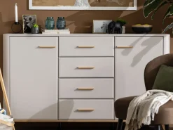 Credenza Bianco Crema Marrone Rovere Nodi 2 Ripiani 4 Cassetti 154x40x90.5h cm, 2 Ante - Illorai