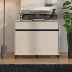 Madie|Credenze > Dmora Credenza Bianco Crema Nero 2 Cassetti 2 Ripiani 106x40x90h cm, Apertura Battente, Scorrevole - Giarree Nero, Bianco Crema