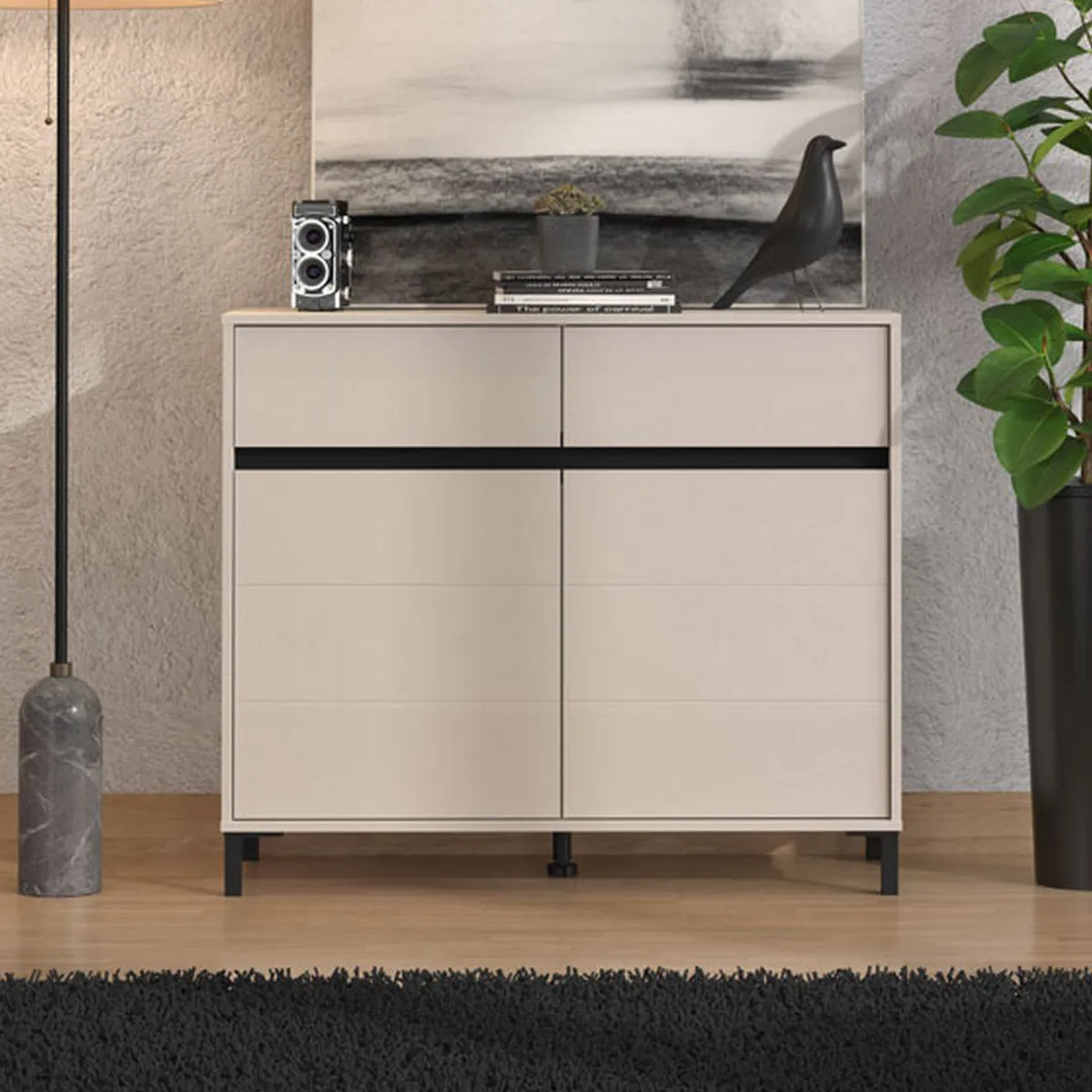 Madie|Credenze > Dmora Credenza Bianco Crema Nero 2 Cassetti 2 Ripiani 106x40x90h cm, Apertura Battente, Scorrevole - Giarree Nero, Bianco Crema