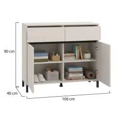 Madie|Credenze > Dmora Credenza Bianco Crema Nero 2 Cassetti 2 Ripiani 106x40x90h cm, Apertura Battente, Scorrevole - Giarree Nero, Bianco Crema