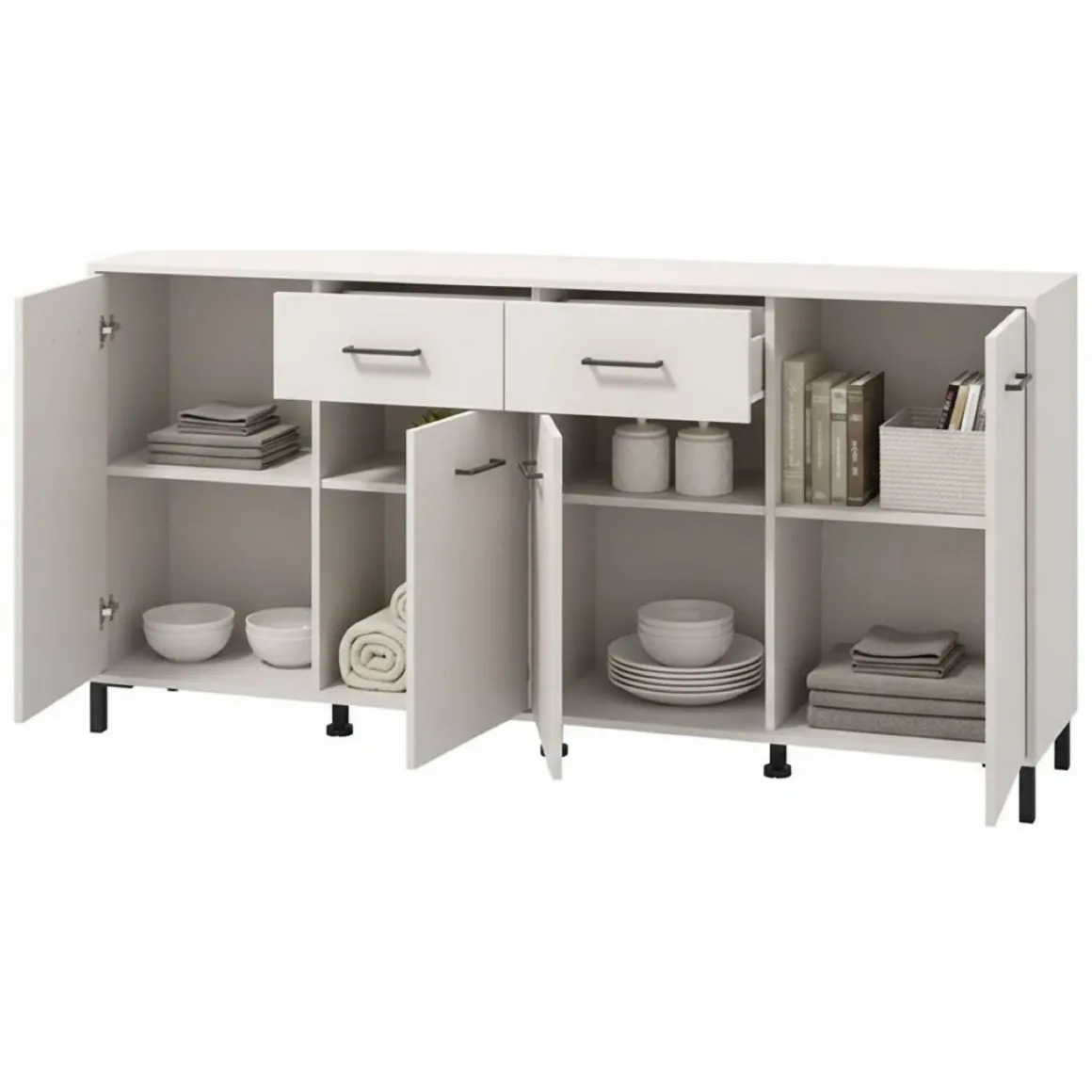 Credenza Bianco Crema Nero 2 Cassetti 4 Ripiani 183x40x90h cm, Apertura Battente, Scorrevole - Grondona