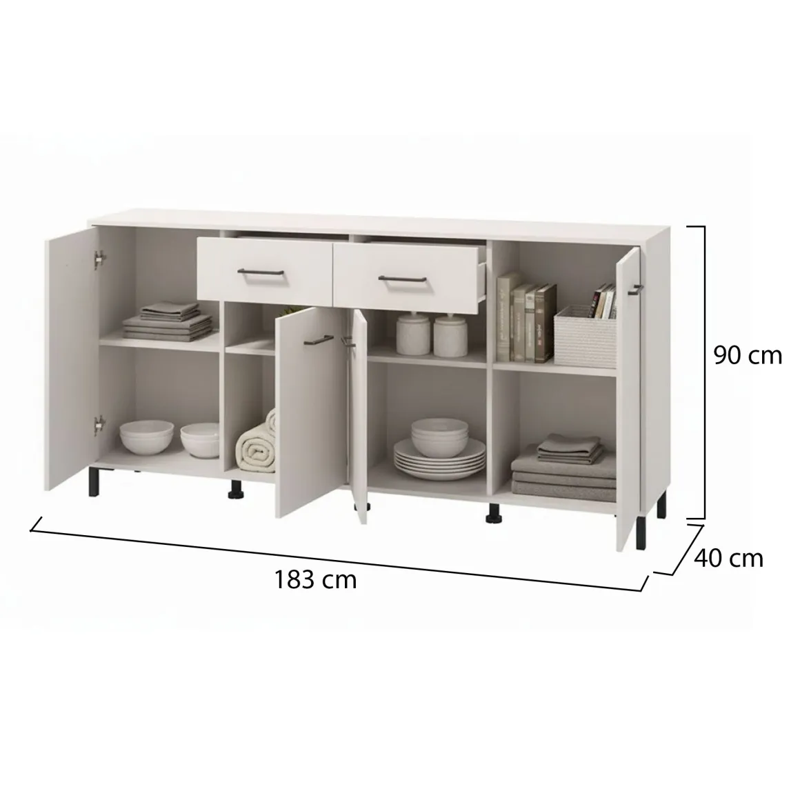 Credenza Bianco Crema Nero 2 Cassetti 4 Ripiani 183x40x90h cm, Apertura Battente, Scorrevole - Grondona
