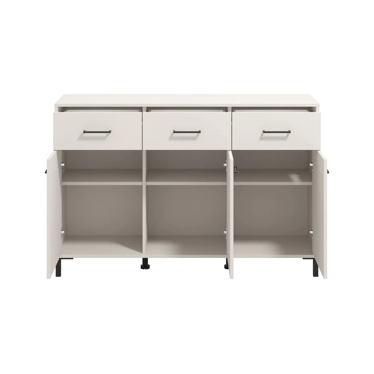 Madie|Credenze > Dmora Credenza Bianco Crema Nero 3 Cassetti 3 Ripiani 138x40x90h cm, Apertura Battente e Scorrevole - Laerru Nero, Bianco Crema