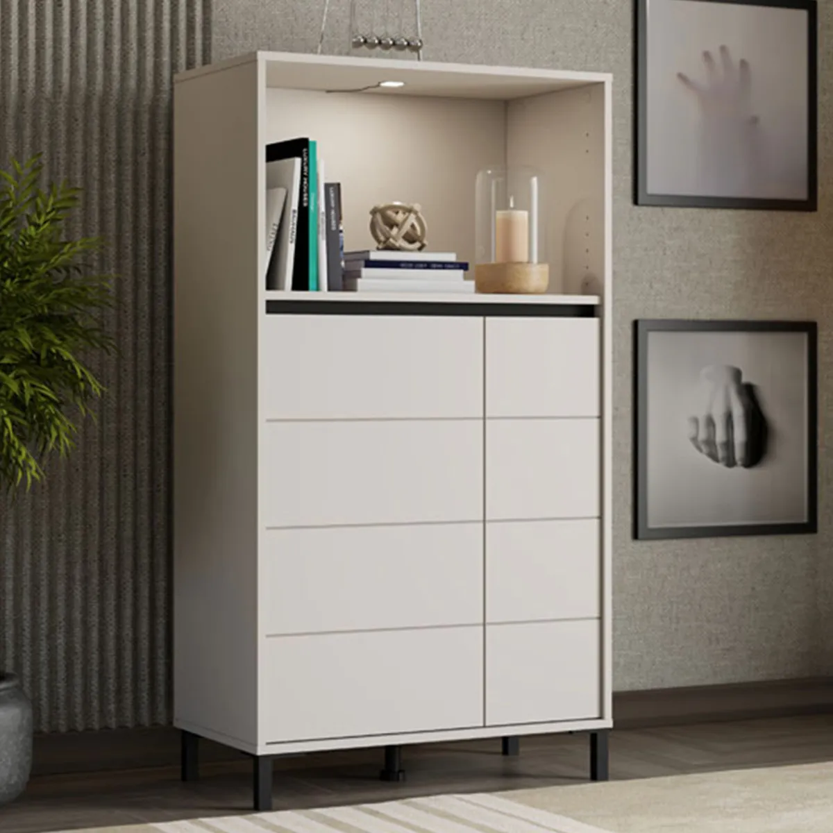 Credenze > Dmora Credenza Bianco Crema Nero 2 Ripiani 3 Vani 74x40x135h cm, 2 Ante - Cosoleto Nero, Bianco Crema