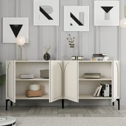 Credenza Bianco Crema Nero 2 Ripiani 4 Vani 180x35x79h cm, 4 Ante - Torno