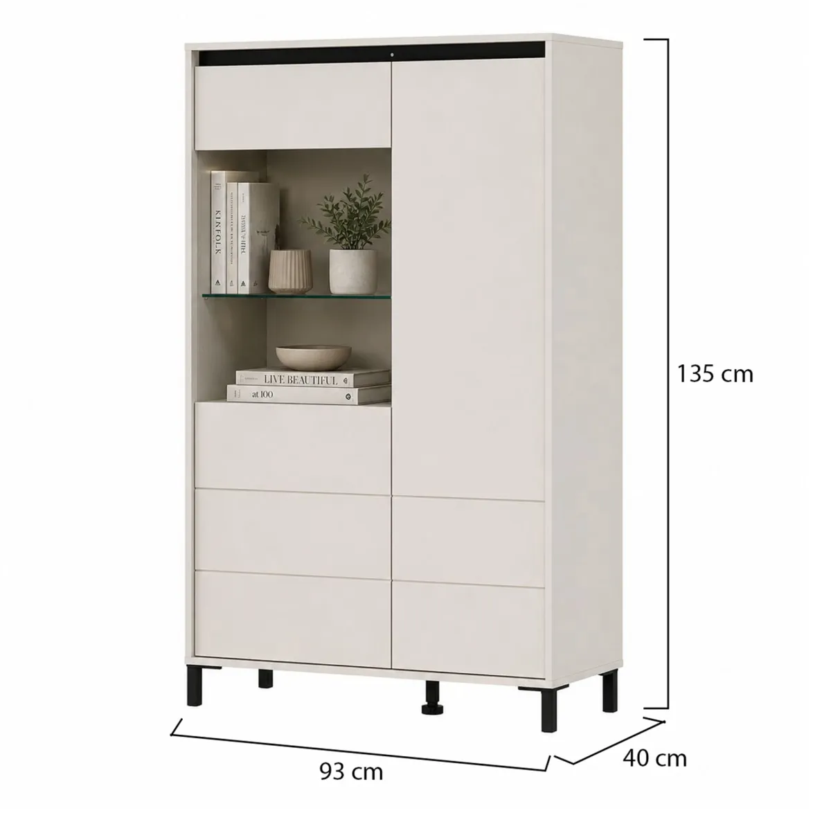 Credenze > Dmora Credenza Bianco Crema Nero 4 Ripiani 6 Vani 93x40x135h cm, 2 Ante - Vignate Nero, Bianco Crema