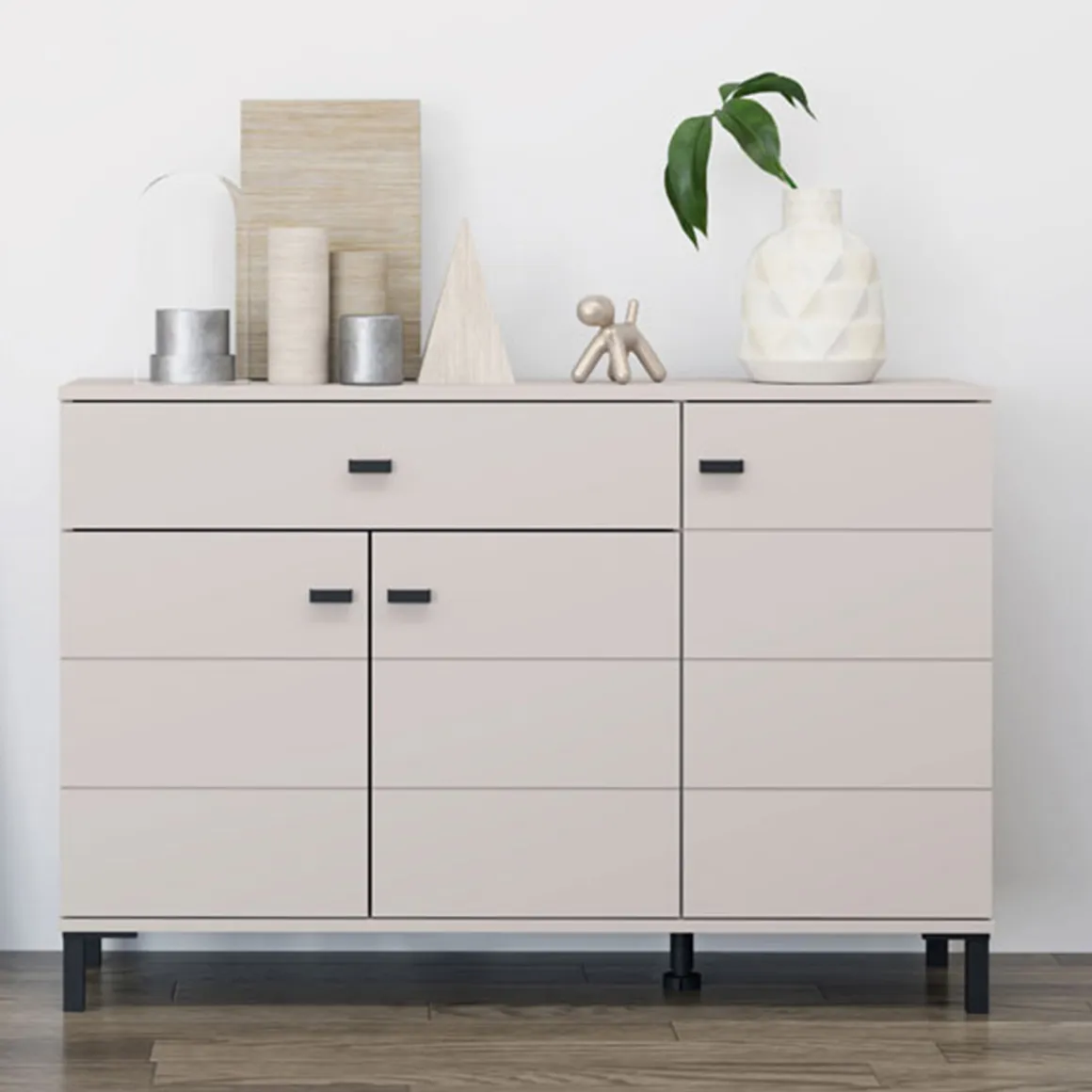 Madie|Credenze > Dmora Credenza Bianco Crema Nero un Cassetto 2 Ripiani 93x40x90h cm, Apertura Battente, Scorrevole - Laerruu Nero, Bianco Crema
