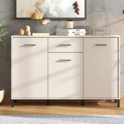 Credenza Bianco Crema Nero un Cassetto 3 Ripiani 138x40x90h cm, Apertura Battente e Scorrevole - Laerru