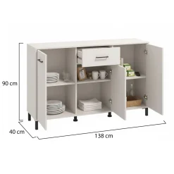 Madie|Credenze > Dmora Credenza Bianco Crema Nero un Cassetto 3 Ripiani 147.5x41.5x91.5h cm, Apertura Battente e Scorrevole - Perca Nero, Bianco Crema