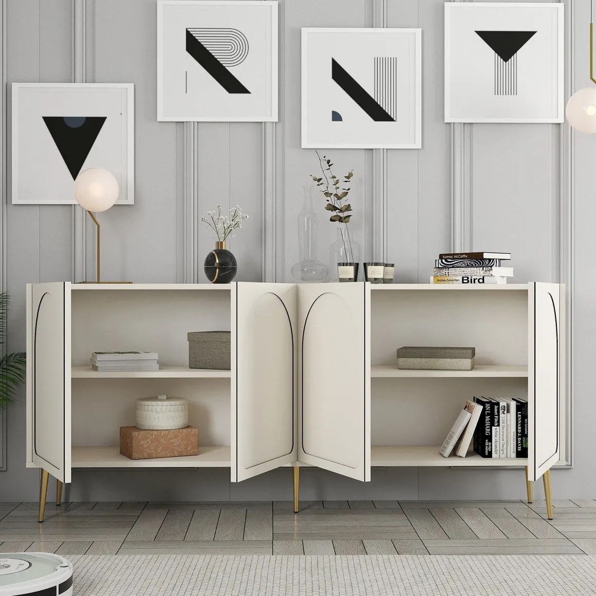 Credenza Bianco Crema oro 2 Ripiani 4 Vani 180x35x80h cm, 4 Ante - Torno