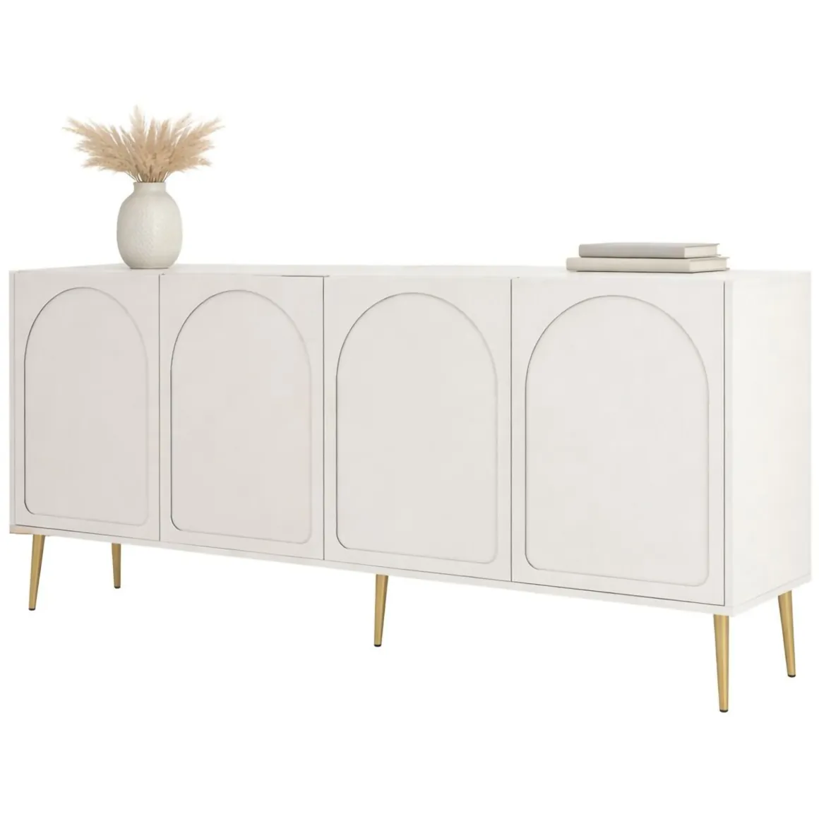 Credenza Bianco Crema oro 2 Ripiani 4 Vani 180x35x80h cm, 4 Ante - Torno