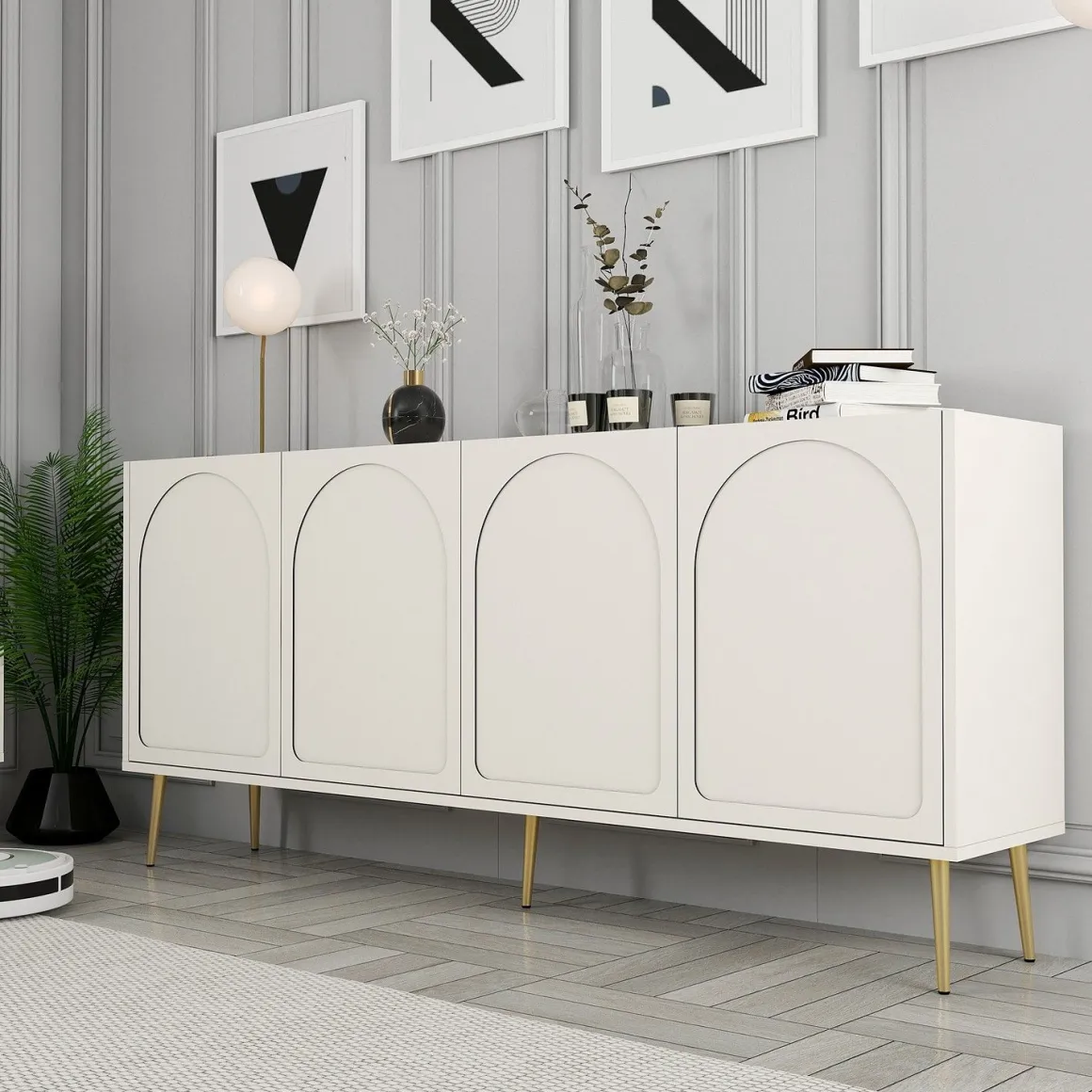 Credenza Bianco Crema oro 2 Ripiani 4 Vani 180x35x80h cm, 4 Ante - Torno