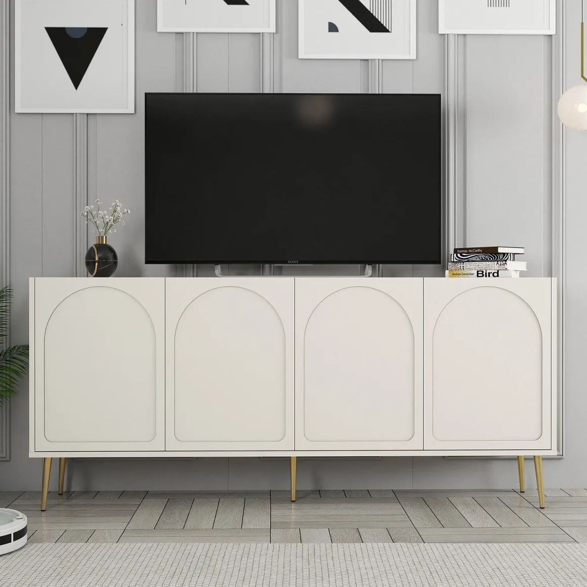 Credenza Bianco Crema oro 2 Ripiani 4 Vani 180x35x80h cm, 4 Ante - Torno
