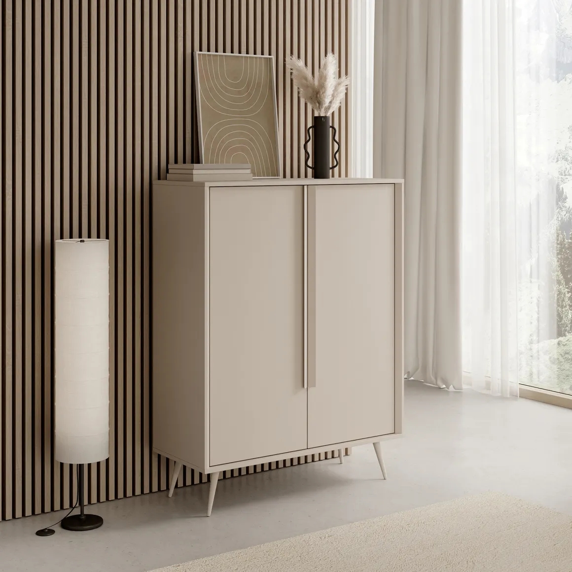 Credenza Bianco Crema 4 Ripiani con Piedini 97x40x126h cm, 6 Vani - Harenoma