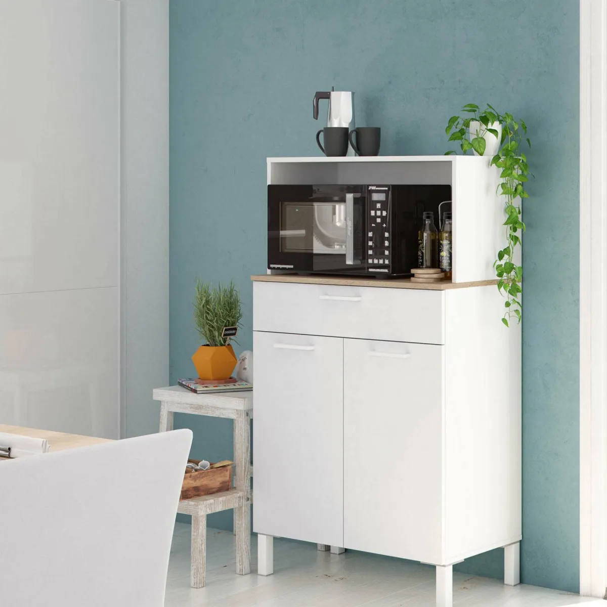 Armadi Multiuso 2 Ante|Camera Da Letto > Dmora Credenza bianco e legno con cassetto 72x126h cm - Asaro Marrone, Bianco Rovere