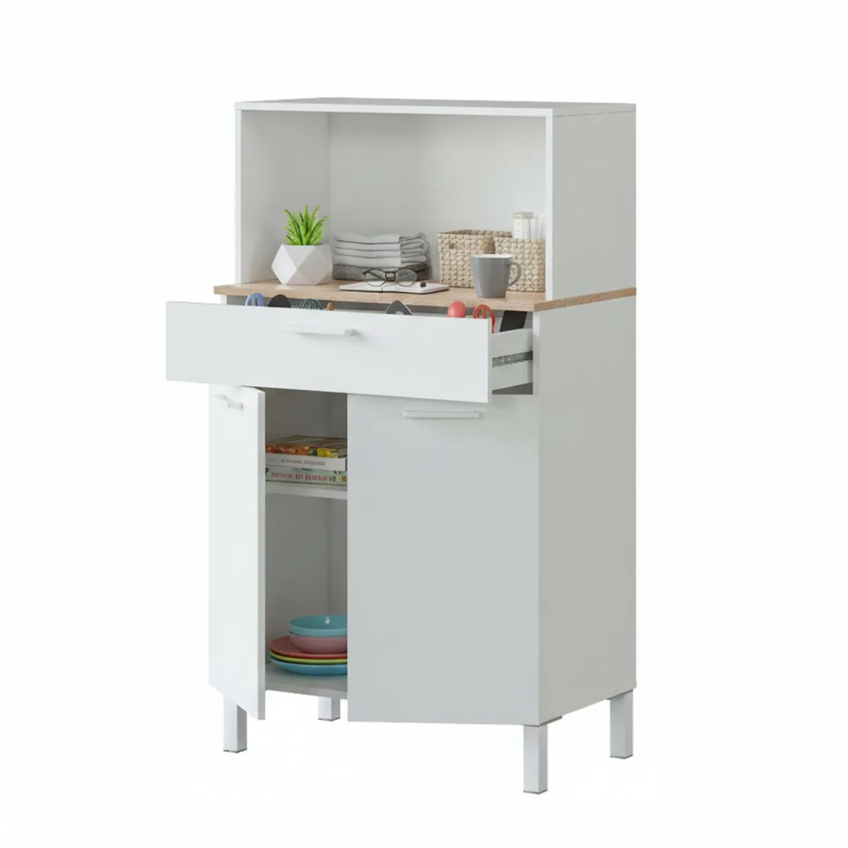 Armadi Multiuso 2 Ante|Camera Da Letto > Dmora Credenza bianco e legno con cassetto 72x126h cm - Asaro Marrone, Bianco Rovere