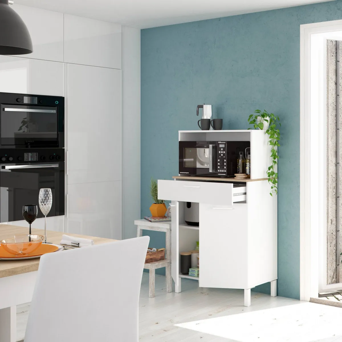 Armadi Multiuso 2 Ante|Camera Da Letto > Dmora Credenza bianco e legno con cassetto 72x126h cm - Asaro Marrone, Bianco Rovere