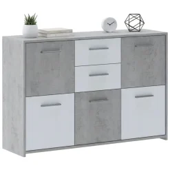 Madie|Credenze > Dmora Credenza Bianco Grigio Cemento 2 Cassetti Ripiani 114x33x78h cm, Apertura - Pineto Grigio Cemento, Bianco