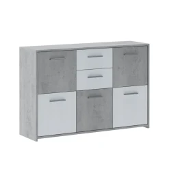Madie|Credenze > Dmora Credenza Bianco Grigio Cemento 2 Cassetti Ripiani 114x33x78h cm, Apertura - Pineto Grigio Cemento, Bianco