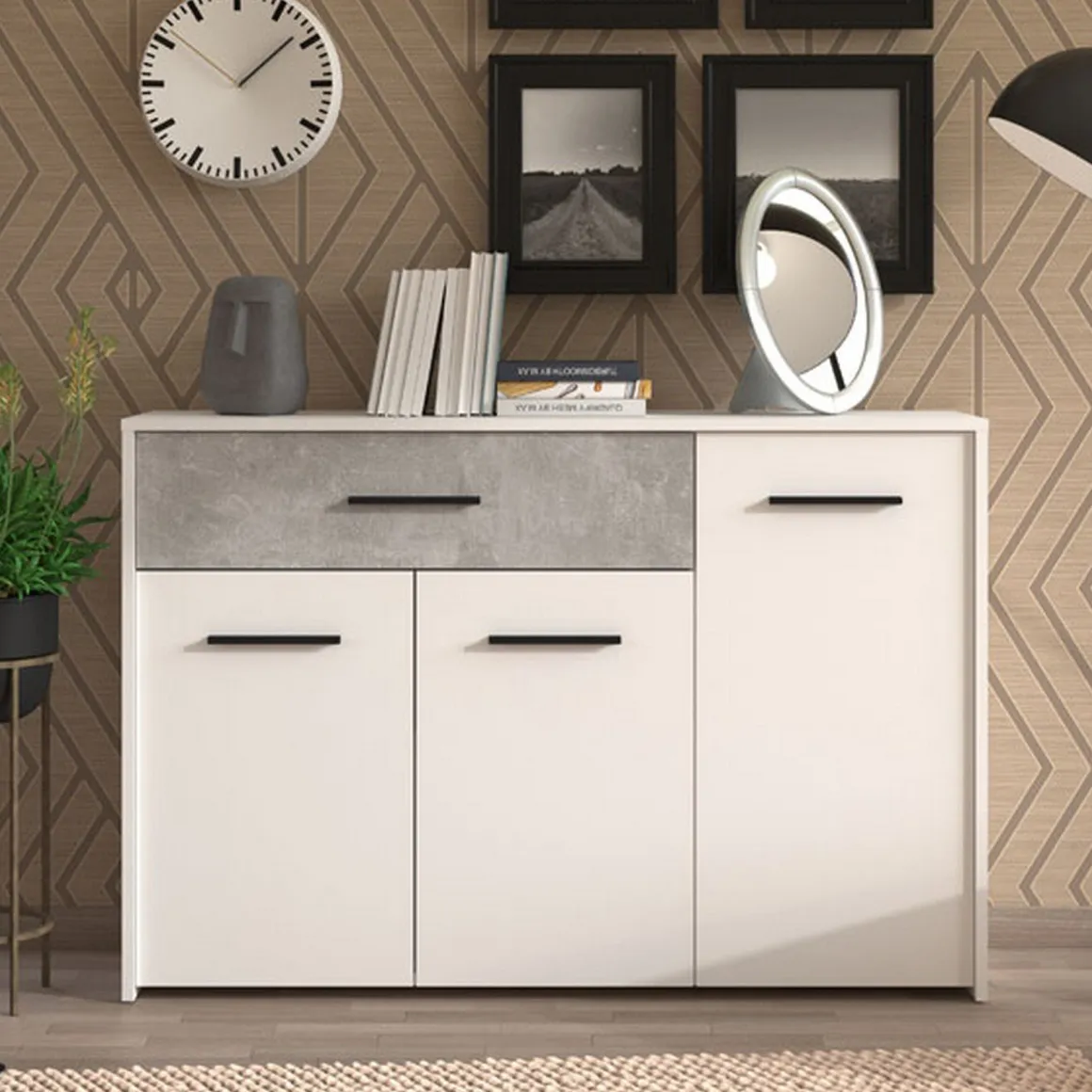 Credenza Bianco Grigio Cemento un Cassetto 2 Ripiani 119x33x80.5h cm, Apertura Battente e Scorrevole - Sanza