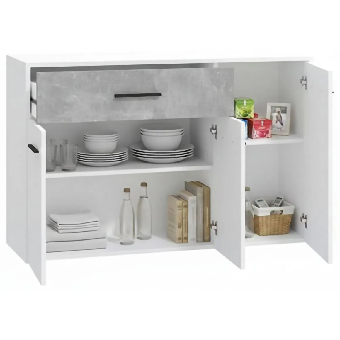 Credenza Bianco Grigio Cemento un Cassetto 2 Ripiani 119x33x80.5h cm, Apertura Battente e Scorrevole - Sanza