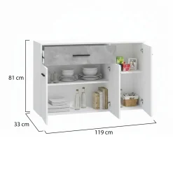 Credenza Bianco Grigio Cemento un Cassetto 2 Ripiani 119x33x80.5h cm, Apertura Battente e Scorrevole - Sanza