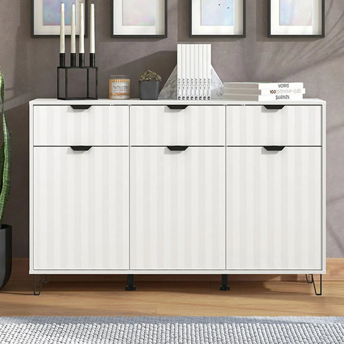 Credenza Bianco Grigio Chiaro 3 Ripiani 3 Cassetti 138x40x90.5h cm, 3 Ante - Paglieta