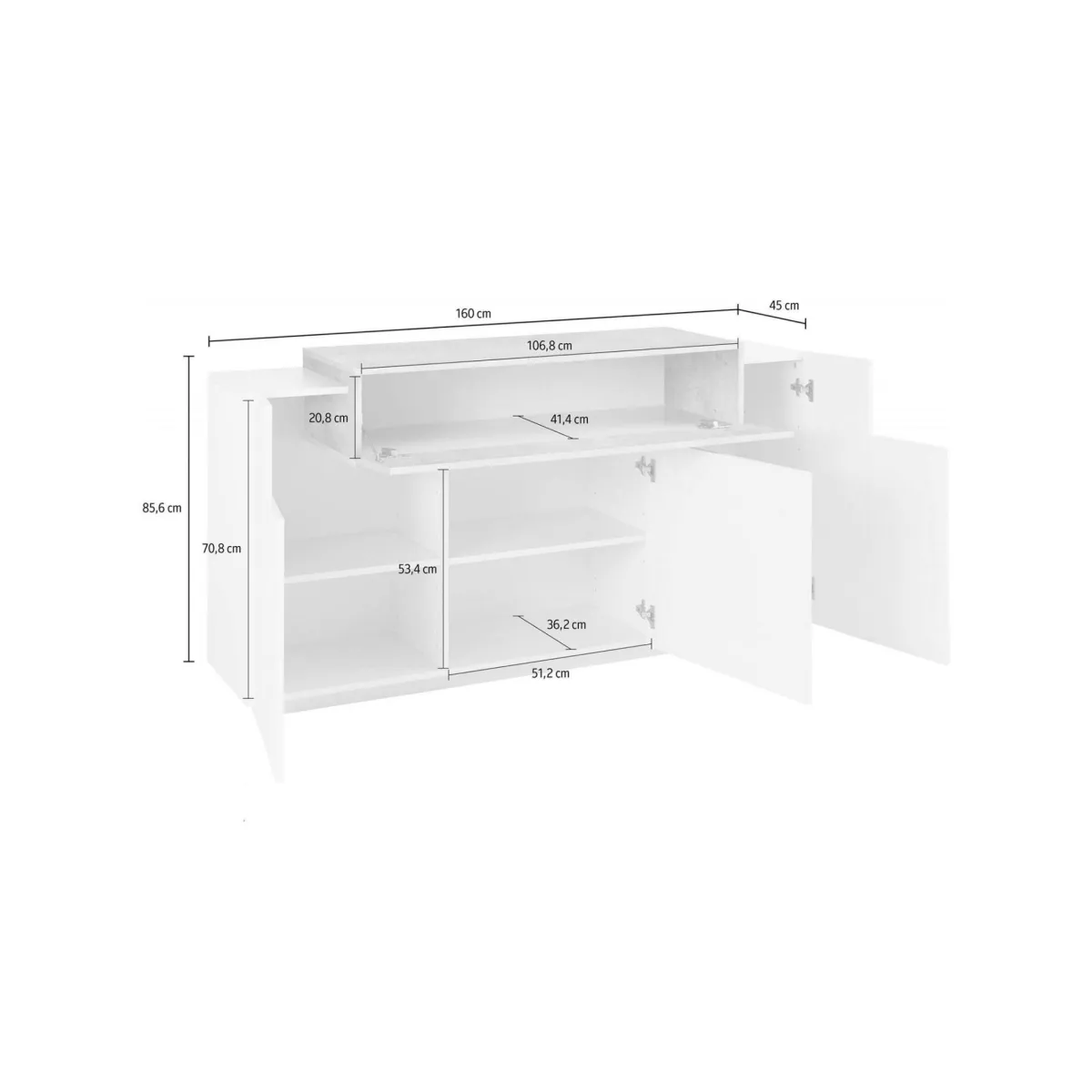 Cucina|Salotto > Dmora Credenza bianco lucida,cemento 160x45x85h cm 4 ante - Aschly Grigio Cemento, Bianco Lucido