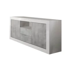 Madie|Credenze > Dmora Credenza bianco lucida,cemento 184x42x86h cm 2 ante e 2 cassetti - Antina Grigio Cemento, Bianco Lucido