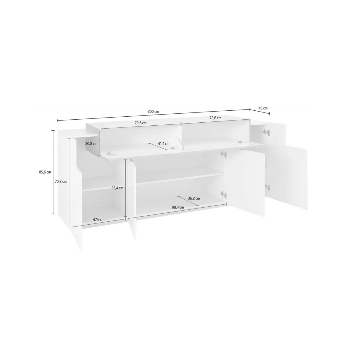 Credenza bianco lucida,cemento 200x45x85h cm 5 ante - Discordia
