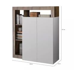 Madie|Credenze > Dmora Credenza bianco lucida e acacia 108x42x127h cm 2 ante - Smeraldo Marrone Acacia, Bianco Lucido