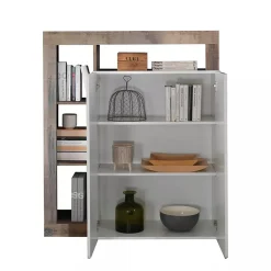 Madie|Credenze > Dmora Credenza bianco lucida e acacia 108x42x127h cm 2 ante - Smeraldo Marrone Acacia, Bianco Lucido