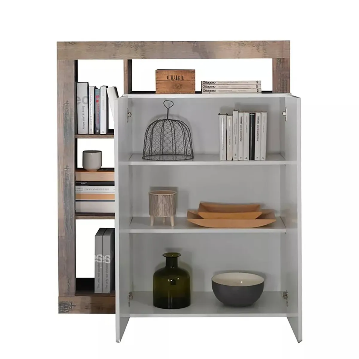 Madie|Credenze > Dmora Credenza bianco lucida e acacia 108x42x127h cm 2 ante - Smeraldo Marrone Acacia, Bianco Lucido