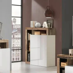 Madie|Credenze > Dmora Credenza bianco lucida e acacia 108x42x127h cm 2 ante - Smeraldo Marrone Acacia, Bianco Lucido