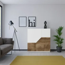 Cucina|Salotto > Dmora Credenza bianco lucida e acero 120x40x80h cm 2 ante e 3 cassetti - Jessie Marrone Acero, Bianco Lucido