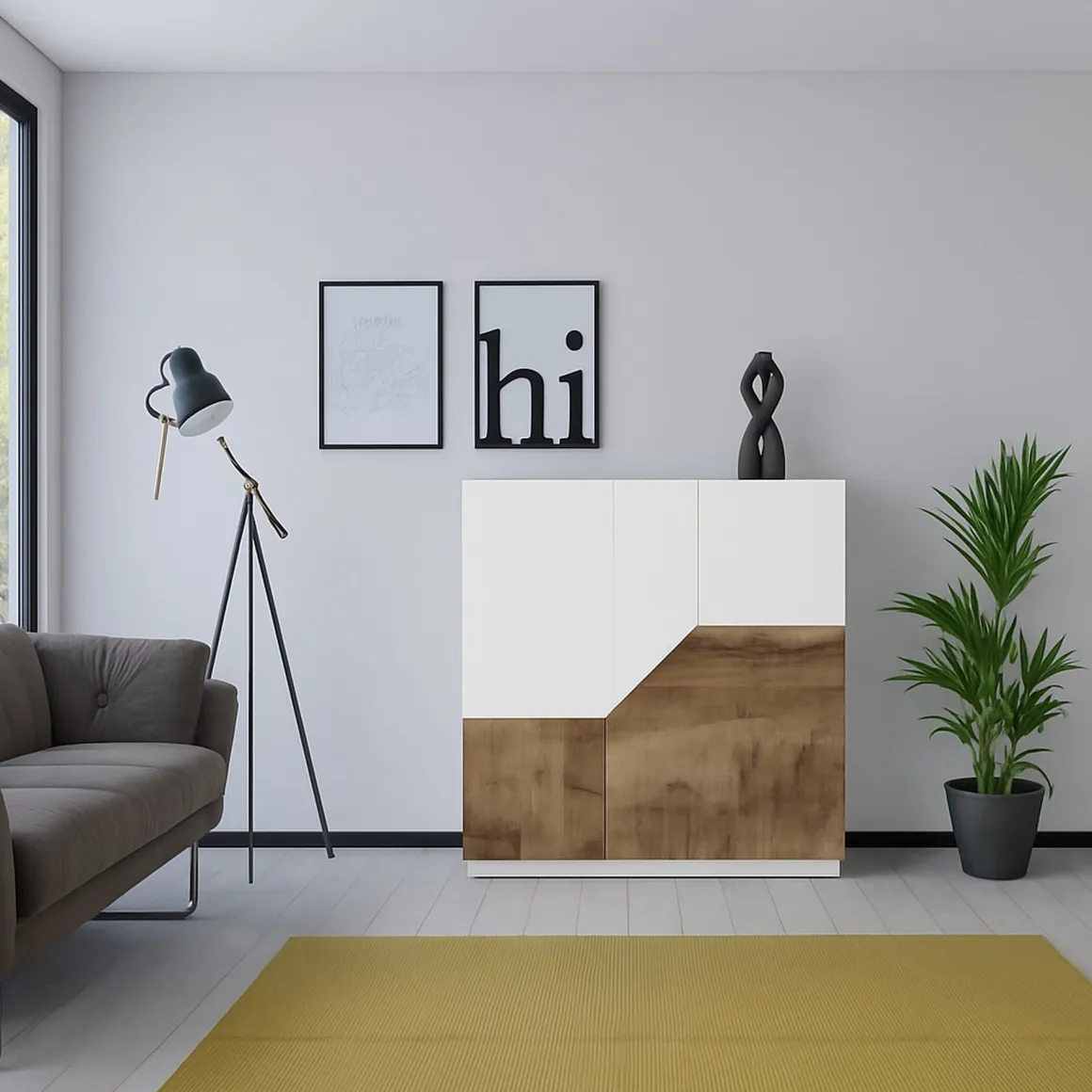 Cucina|Salotto > Dmora Credenza bianco lucida e acero 120x40x80h cm 2 ante e 3 cassetti - Jessie Marrone Acero, Bianco Lucido