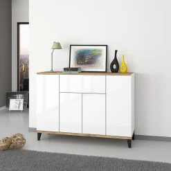 Cucina|Salotto > Dmora Credenza bianco lucida e acero 130x45x100h cm 6 ante - Age Marrone Acero, Bianco Lucido