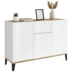 Cucina|Salotto > Dmora Credenza bianco lucida e acero 130x45x100h cm 6 ante - Age Marrone Acero, Bianco Lucido