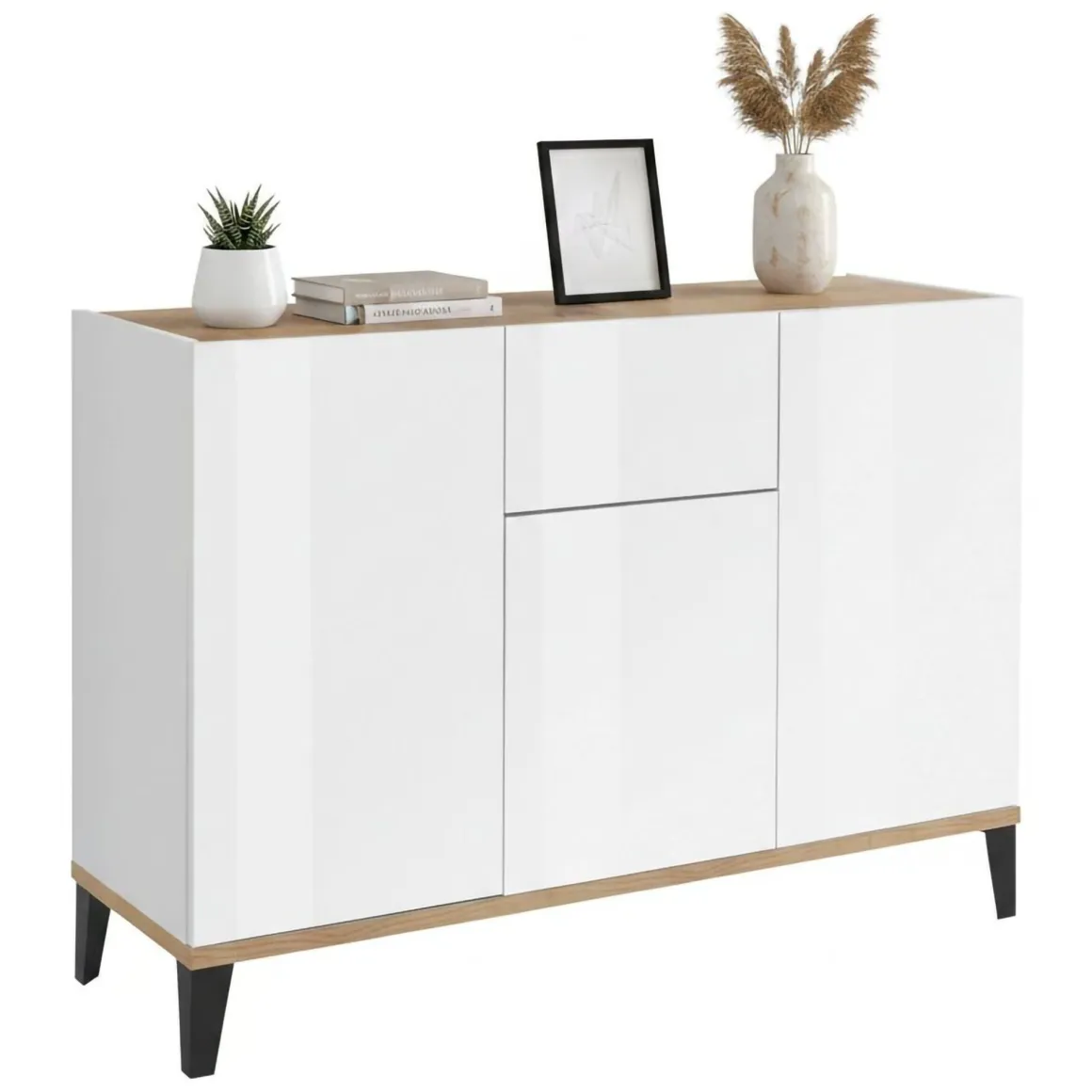 Cucina|Salotto > Dmora Credenza bianco lucida e acero 130x45x100h cm 6 ante - Age Marrone Acero, Bianco Lucido