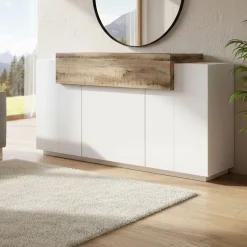Cucina|Salotto > Dmora Credenza bianco lucida e acero 141x43x86h cm 2 ante e 3 cassetti - All Marrone Acero, Bianco Lucido