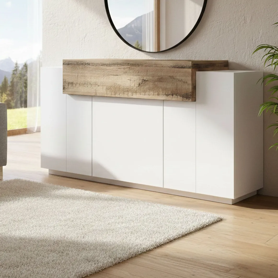 Cucina|Salotto > Dmora Credenza bianco lucida e acero 141x43x86h cm 2 ante e 3 cassetti - All Marrone Acero, Bianco Lucido