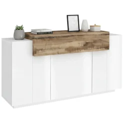 Cucina|Salotto > Dmora Credenza bianco lucida e acero 141x43x86h cm 2 ante e 3 cassetti - All Marrone Acero, Bianco Lucido